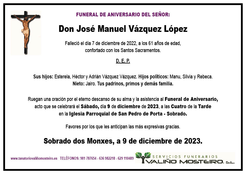Esquela de José Manuel Vázquez López.